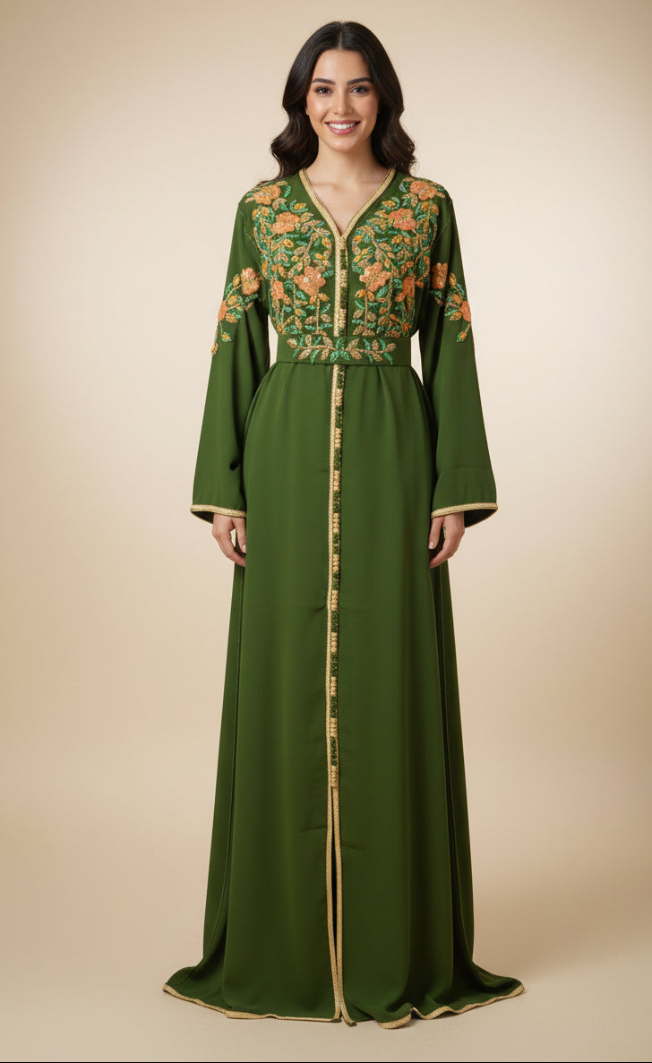 Caftan Vert Brodé et sa ceinture florale
