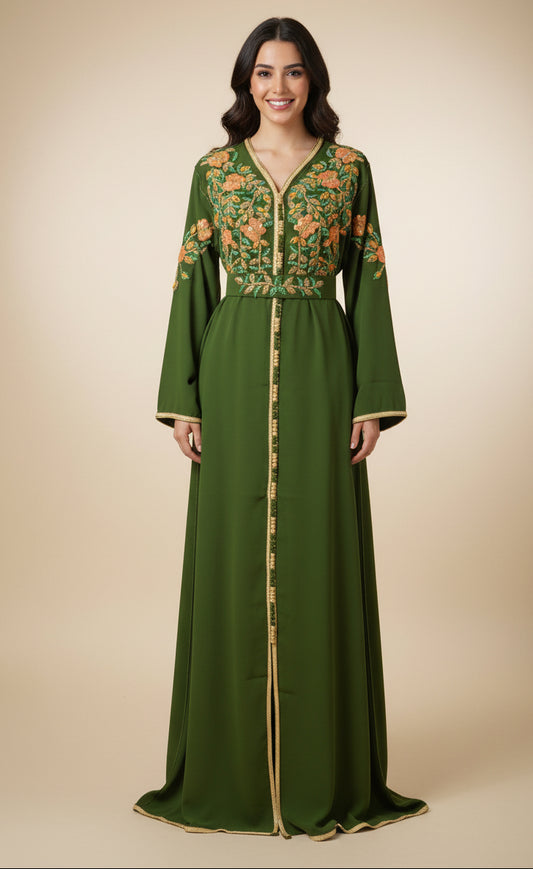 Caftan Vert Brodé et sa ceinture florale