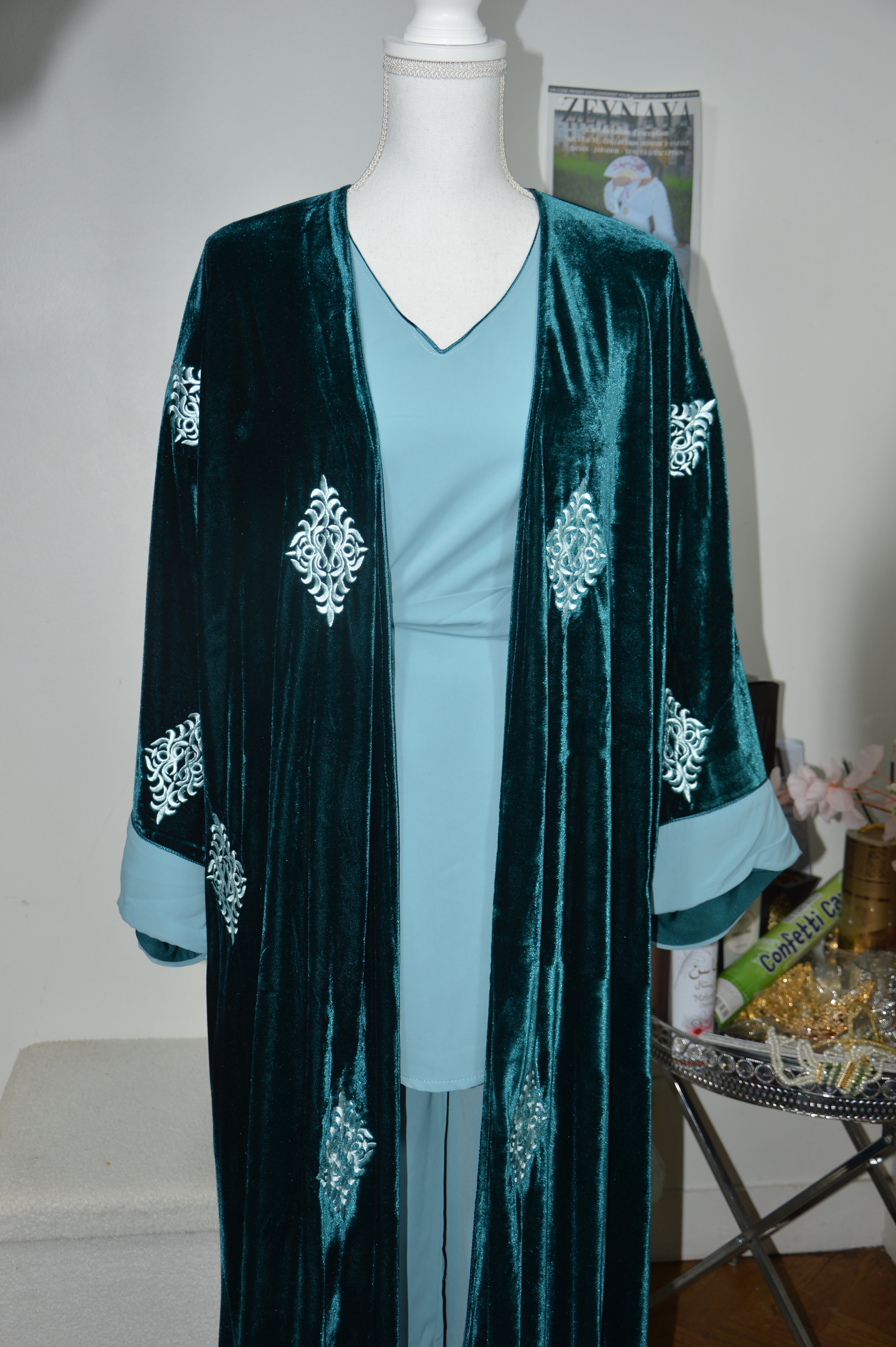 Kimono Velours 4 Pièces Luxe - Turquoise Précieux