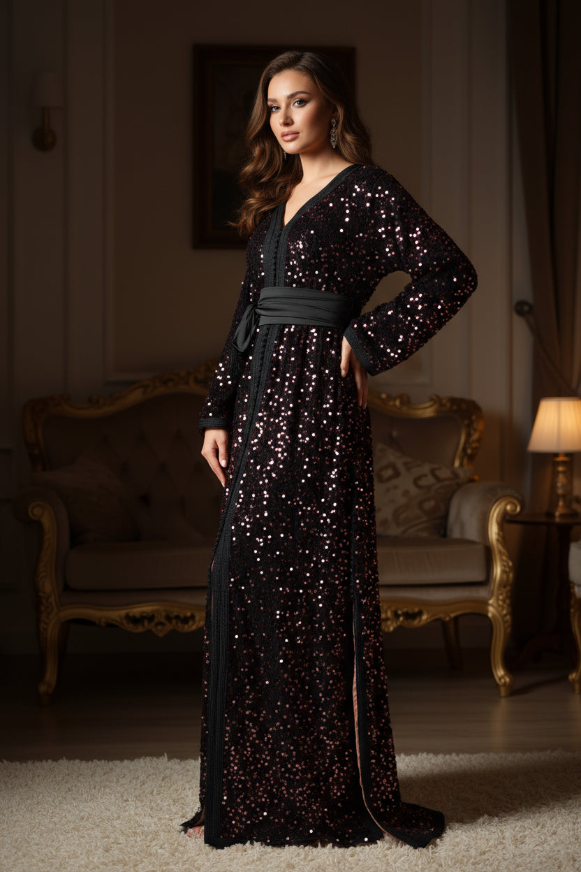 Caftan noire sequins scintillants – Ceinture drapée - Zeynaya Prestige