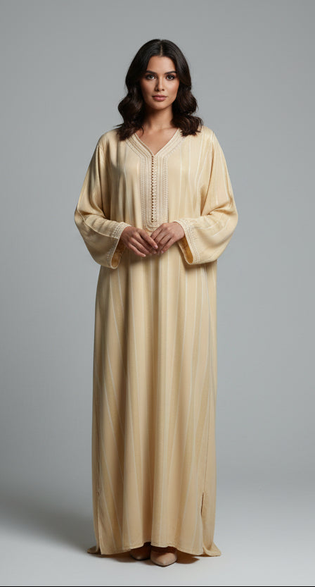 Gandoura Johara Or & Nude – Douceur Dorée & Élégance Marocaine