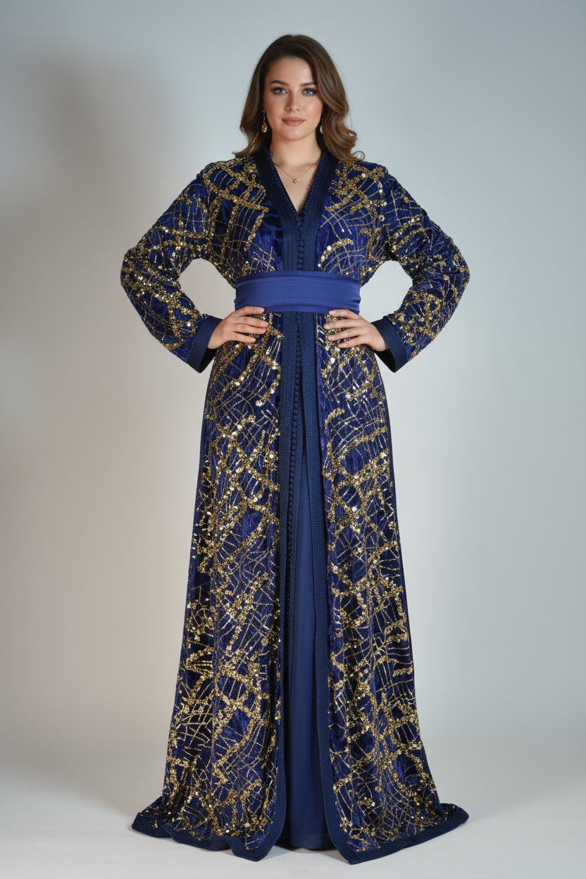 Takchita bleu nuit à sequins or – Ceinture drapée – Zeynaya Prestige