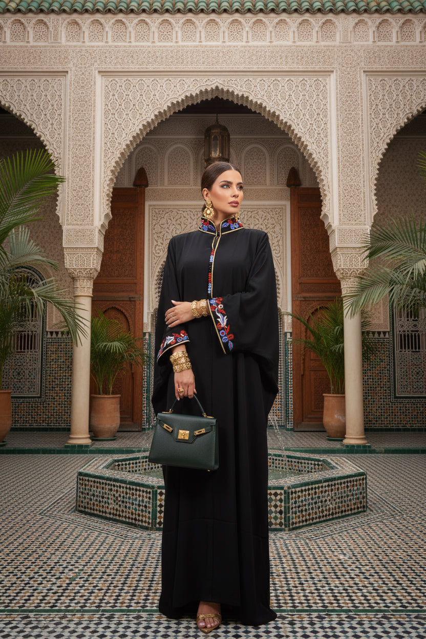 Gandoura noire brodée – Col amazigh & manches ornées – Zeynaya Prestige