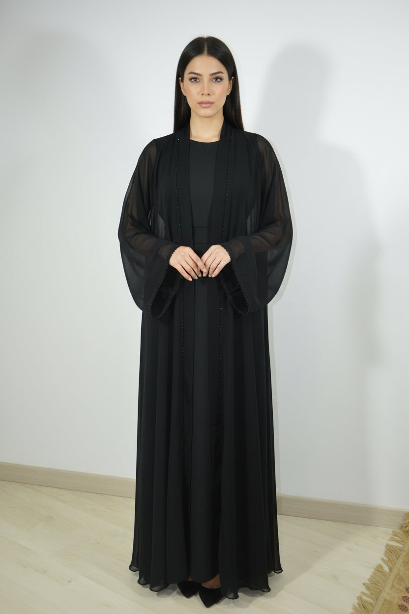 Abaya Noir Perle & Transparent Noir