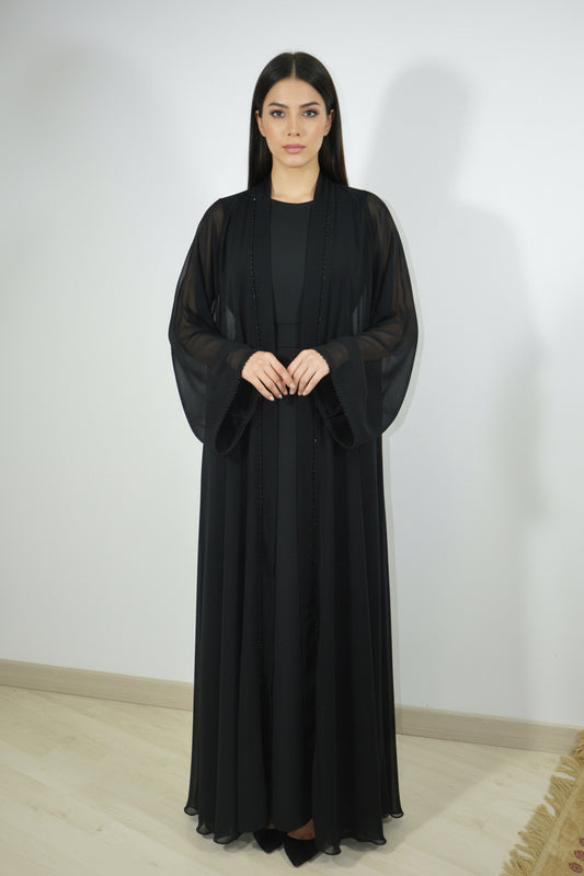 Abaya Noir Perle & Transparent Noir