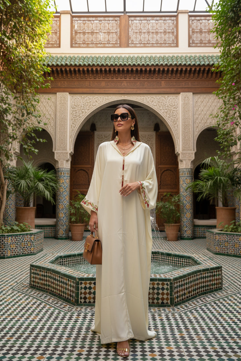 Gandoura crème brodée – Col orné & liseré doré | Zeynaya Prestige