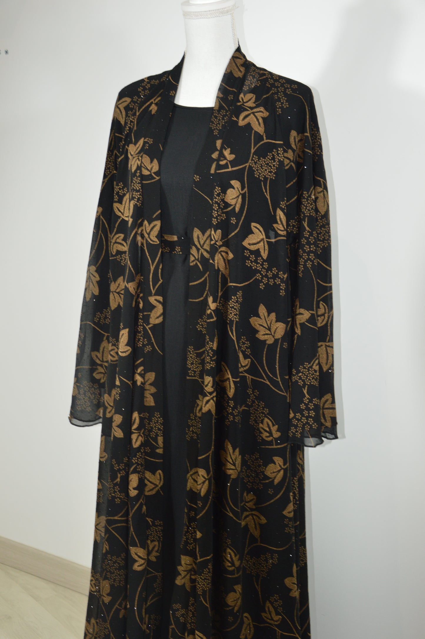 Abaya Kimono Perle Strass Fleur Marron & Noir