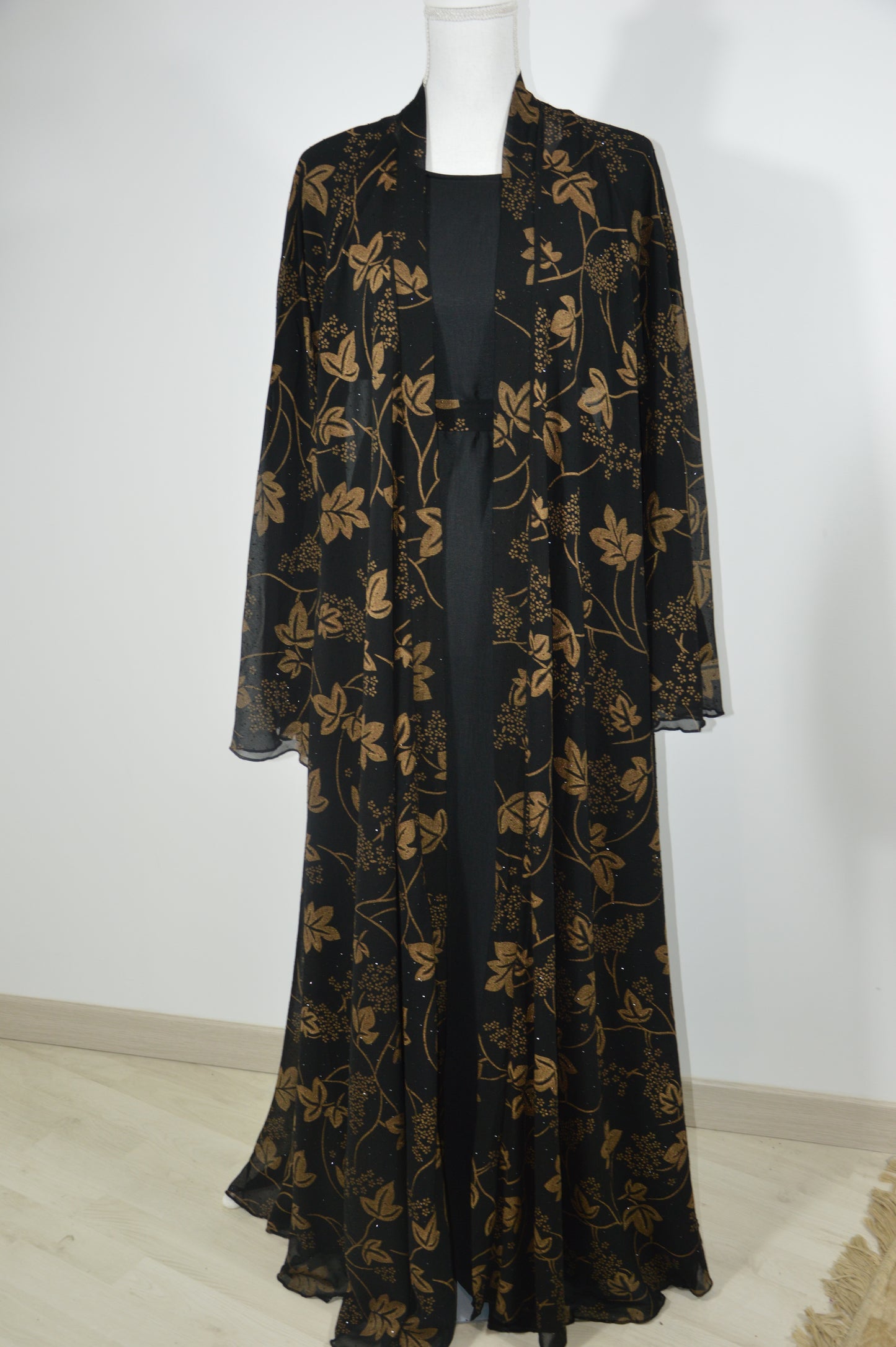 Abaya Kimono Perle Strass Fleur Marron & Noir