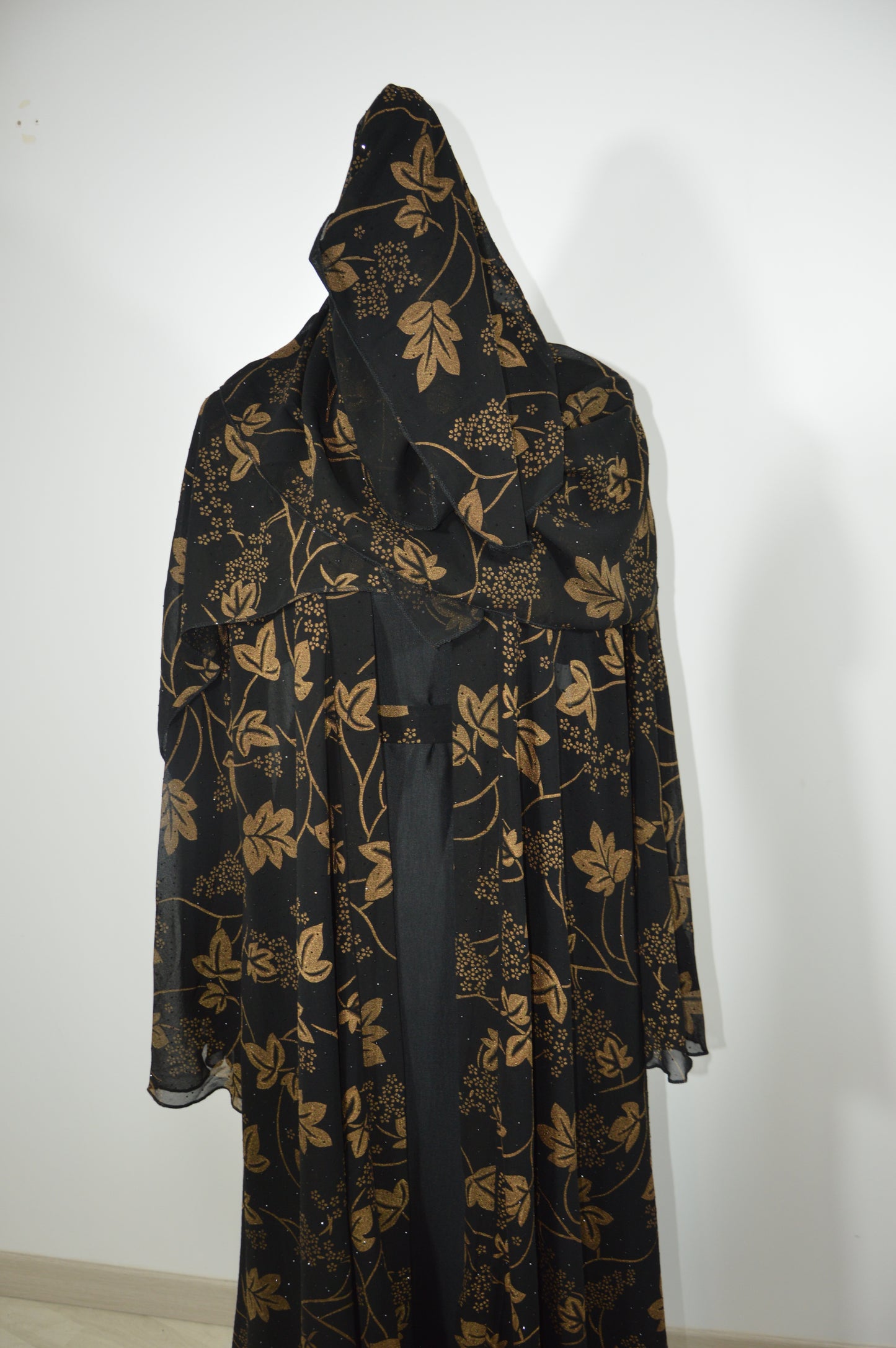 Abaya Kimono Perle Strass Fleur Marron & Noir