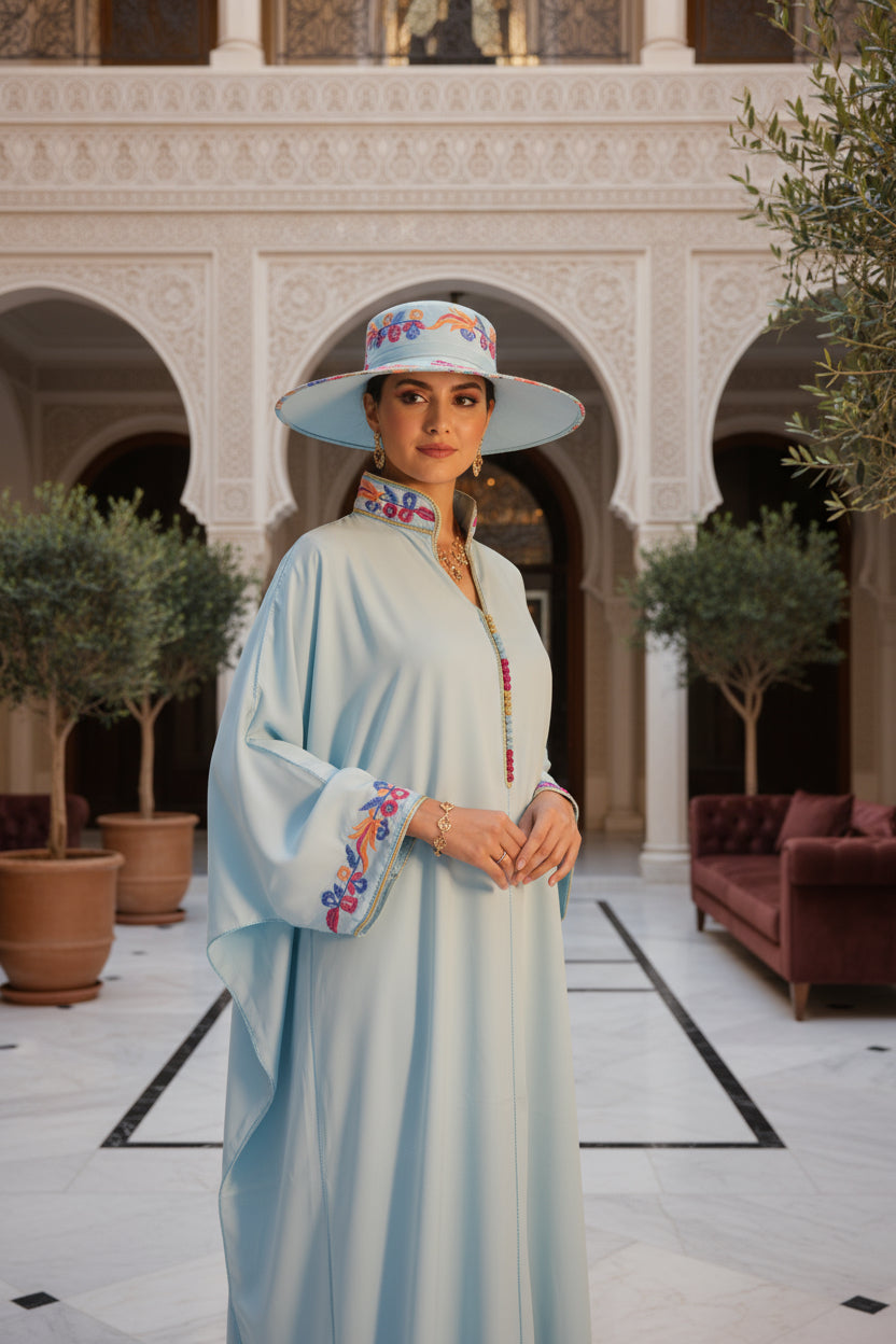 Gandoura bleu ciel brodée – Col orné & manches fleuries | Zeynaya Prestige