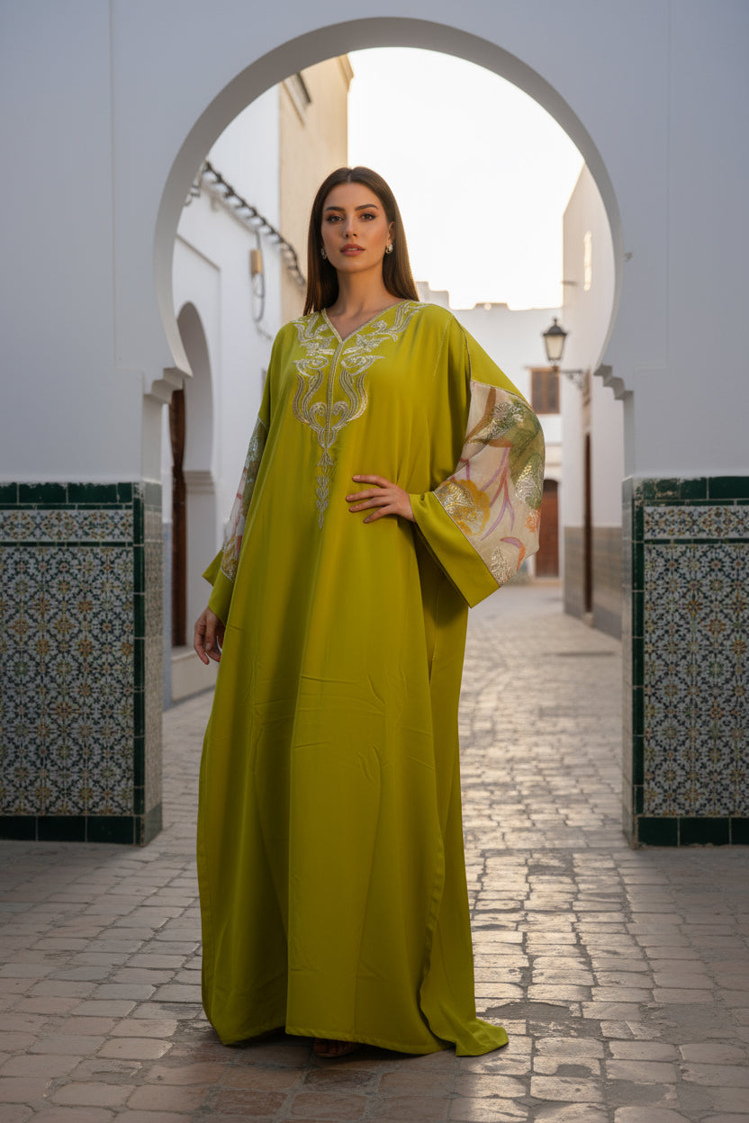 Gandoura vert safran brodée – Manches voile fleuri