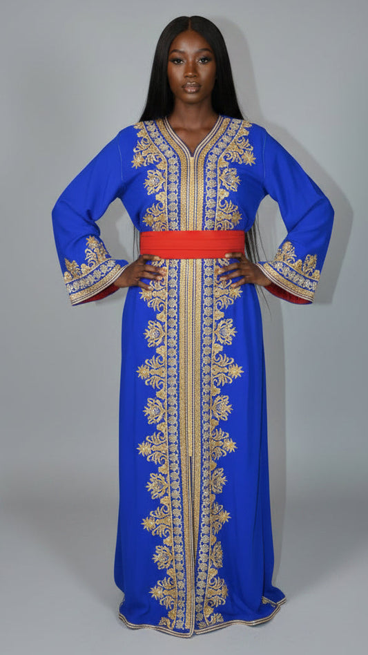 Caftan Brodé Bleu – Élégance Marocaine Artisanale