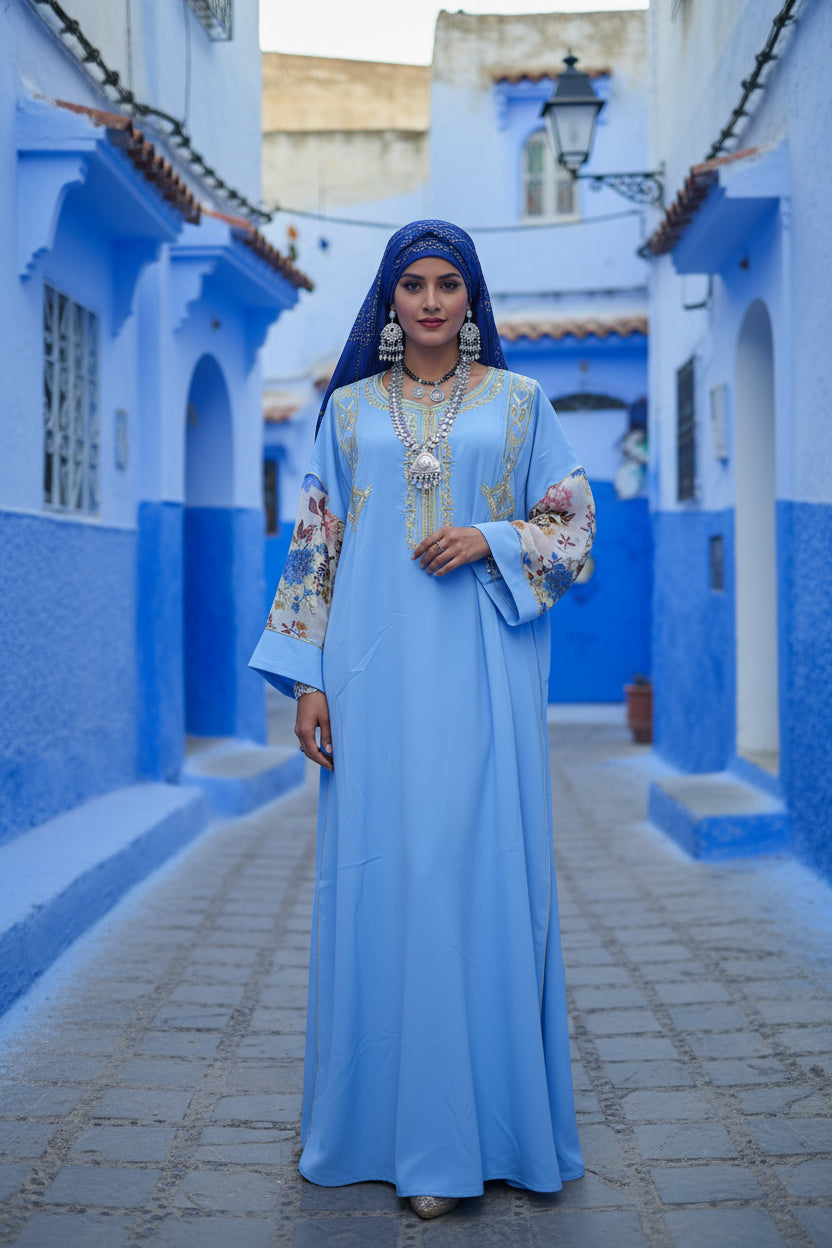 Gandoura bleu azur, broderies or & manches voile fleuri