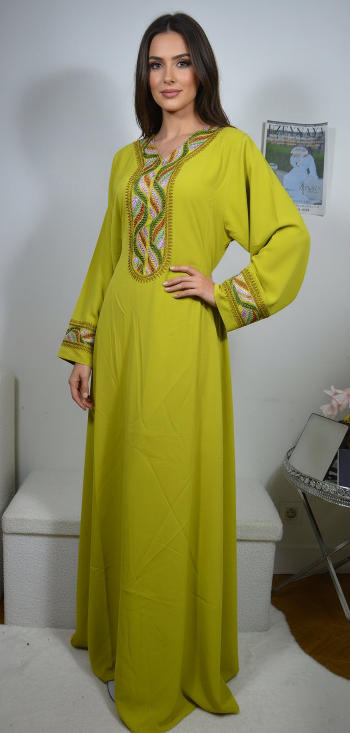 Gandoura farasha vert brodé vue de face - ZEYNAYA