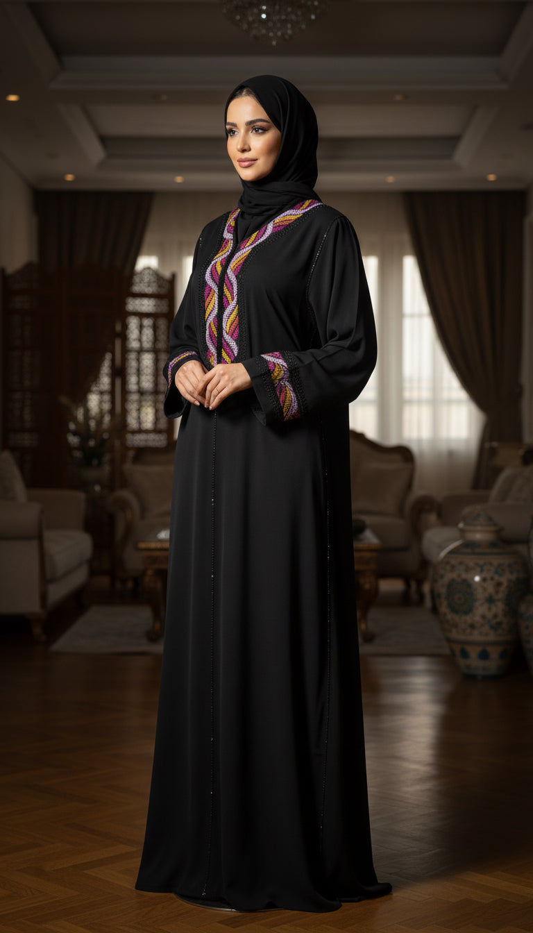 Gandoura farasha noir brodé vue de face - ZEYNAYA