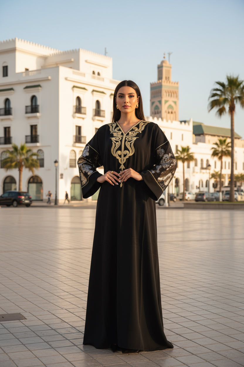 Gandoura noire brodée or – Manches métalliques