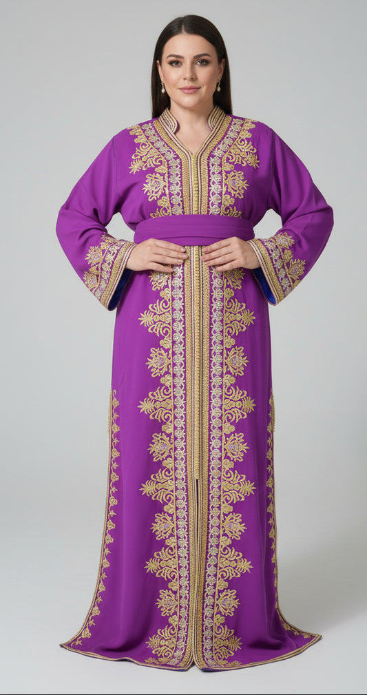 Caftan Framboise Brodé Or – Broderie Dorée Artisanale
