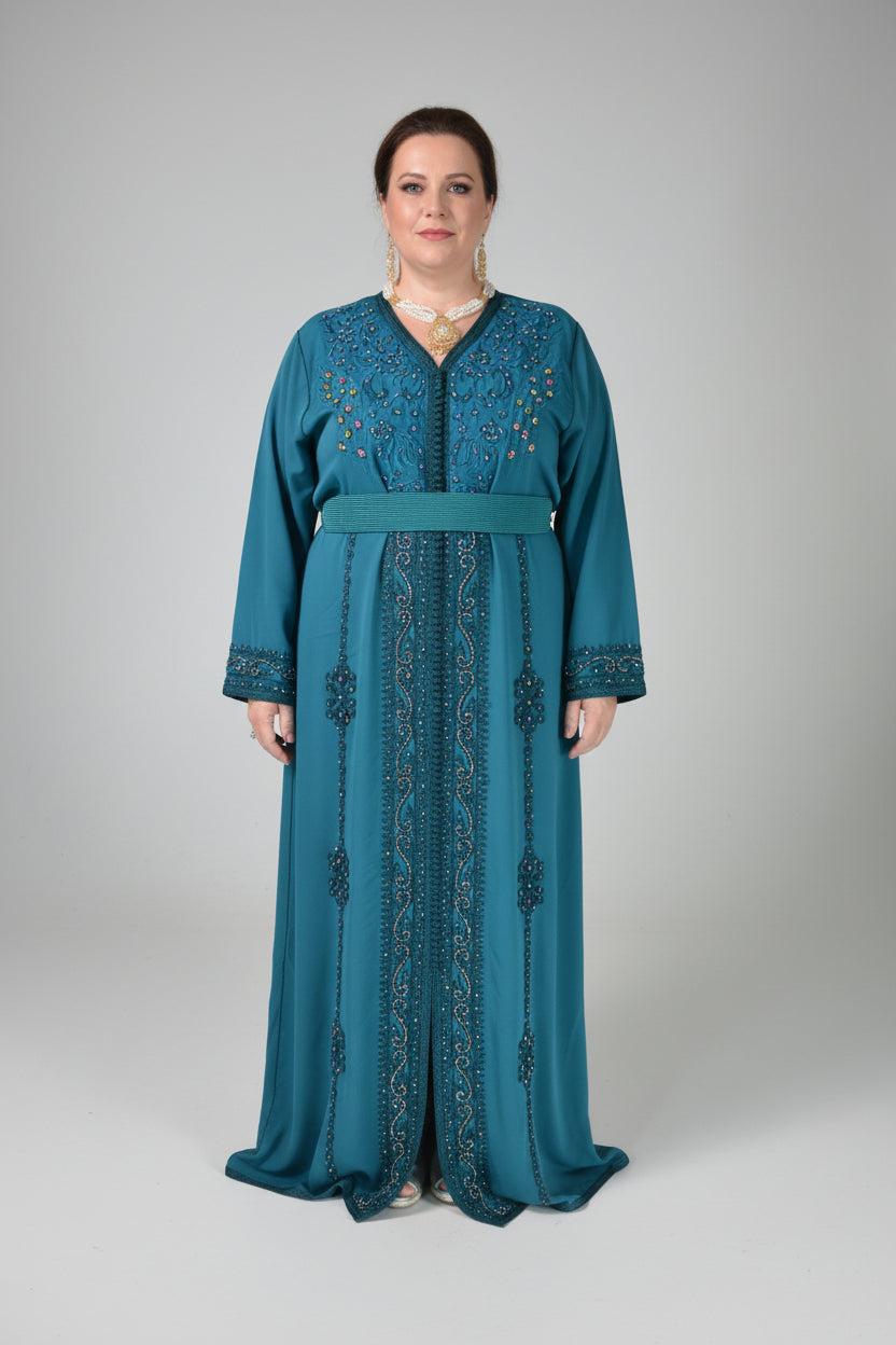 Caftan Bleu Canard Perlée Multicolore – Broderie Artisanale