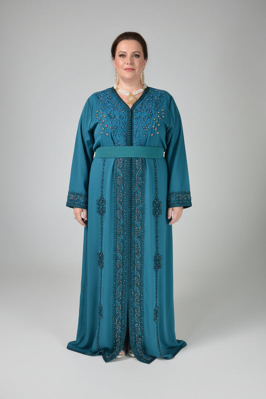 Caftan Bleu Canard Perlée Multicolore – Broderie Artisanale