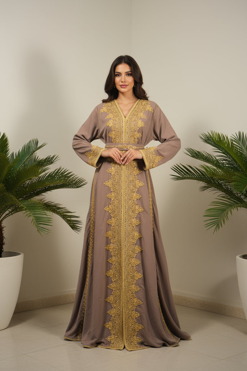 Caftan taupe doré – Broderies perlées artisanales