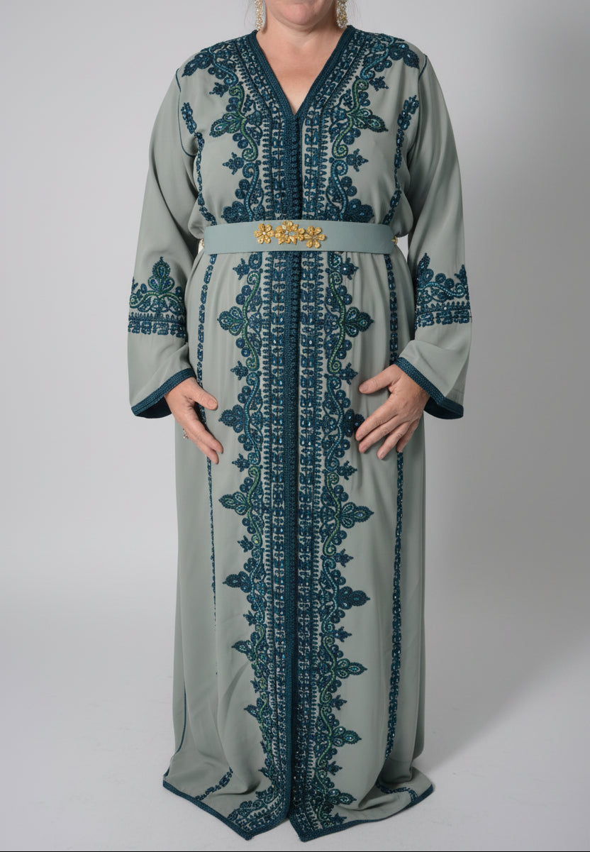 Caftan Vert Foncé Brodé Perlé – Broderie & Perles Artisanales