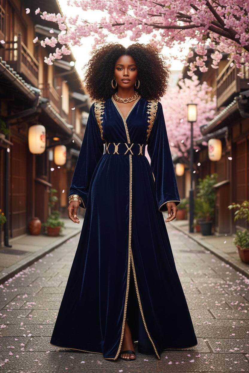 Caftan kimono marocain velours bleu nuit élégant - vue de face