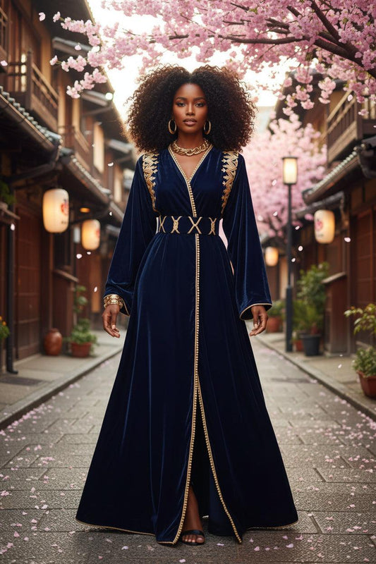 Caftan kimono marocain velours bleu nuit élégant - vue de face