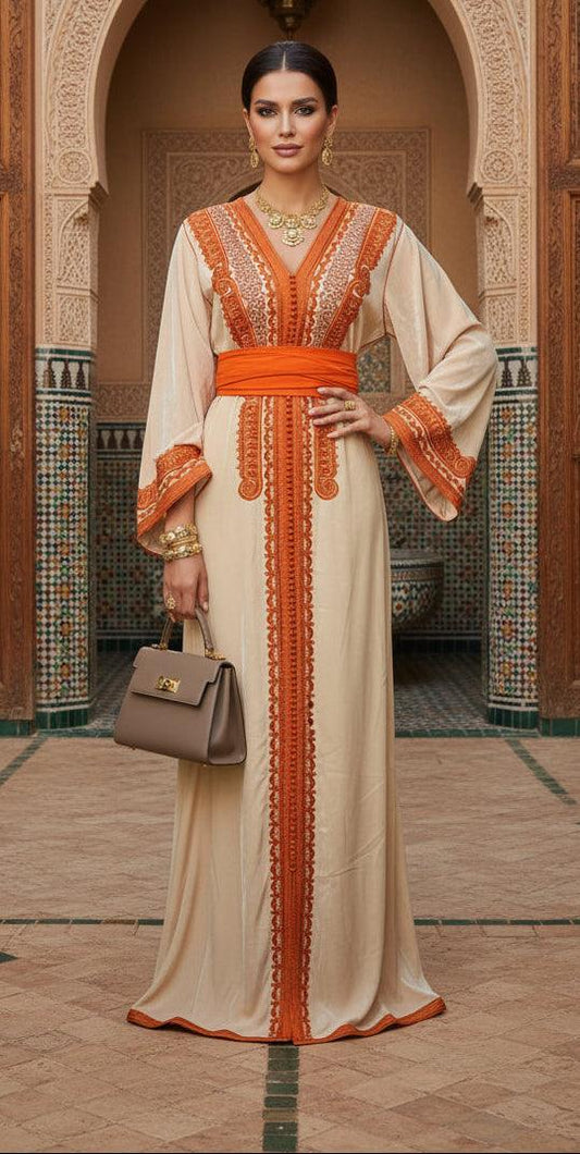 Caftan velours beige brodé orange vue de face - ZEYNAYA