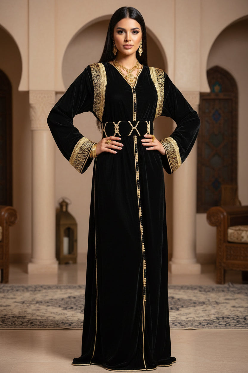 Caftan marocain velours noir brodé or luxe - vue de face