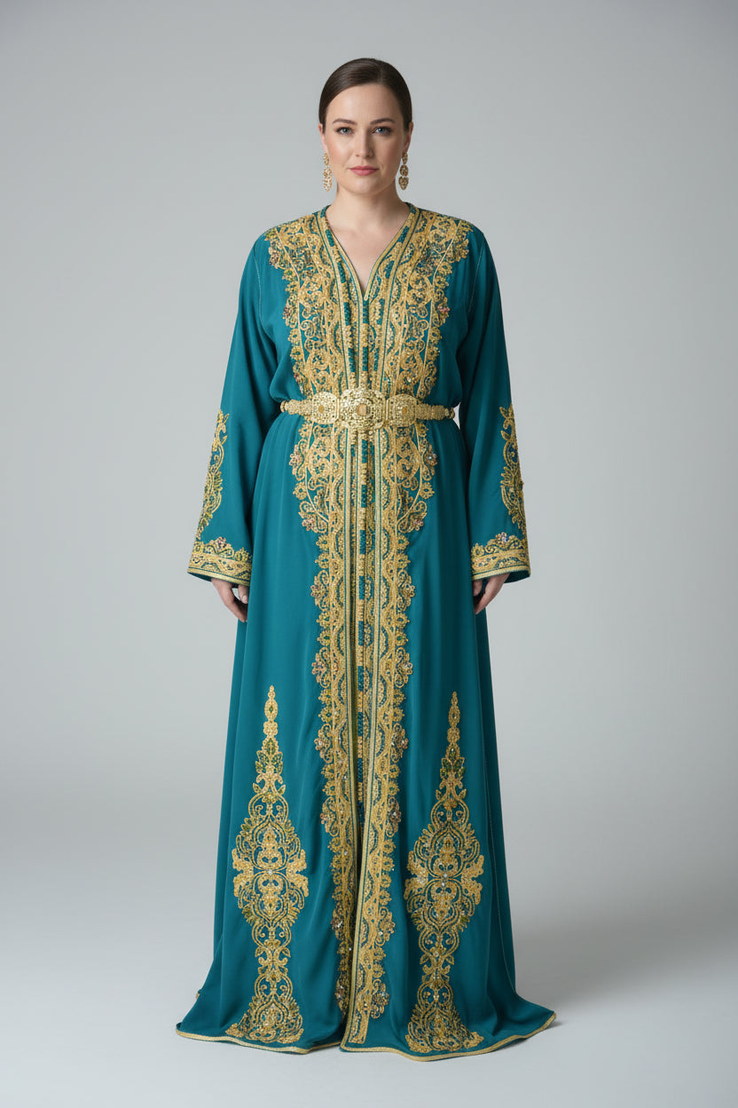 Takchita Perlée Bleu Canard – Broderie Artisanale