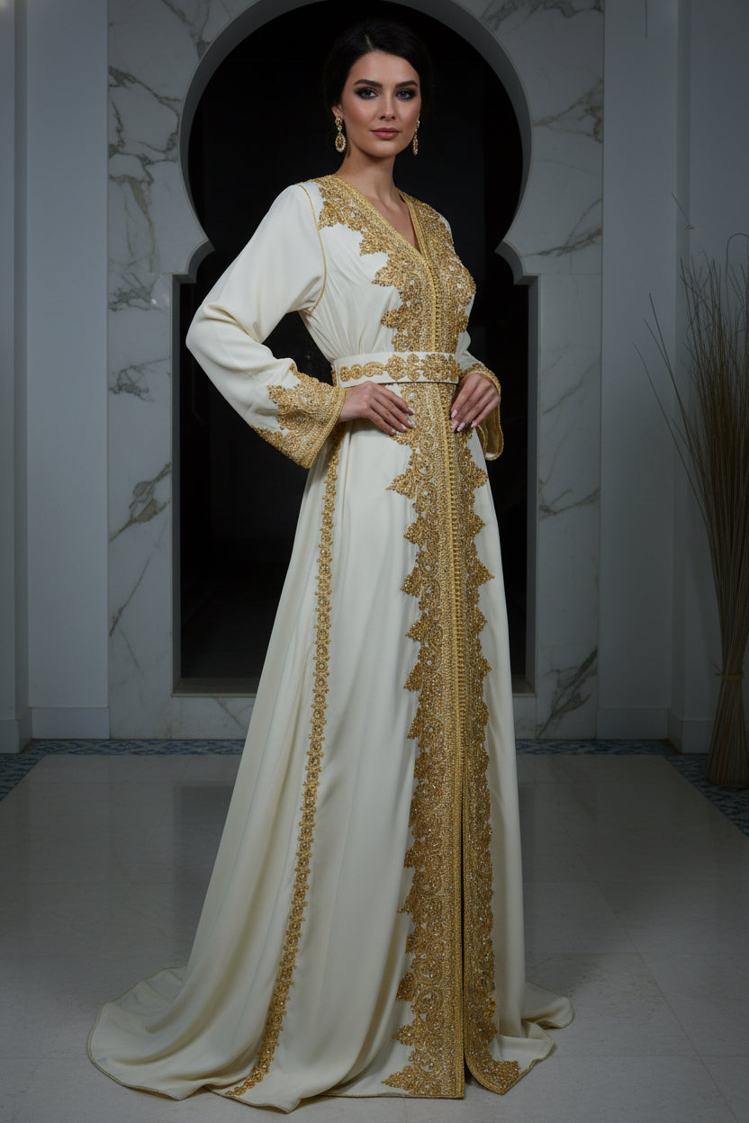 Caftan ivoire doré – Broderies luxueuses et perles