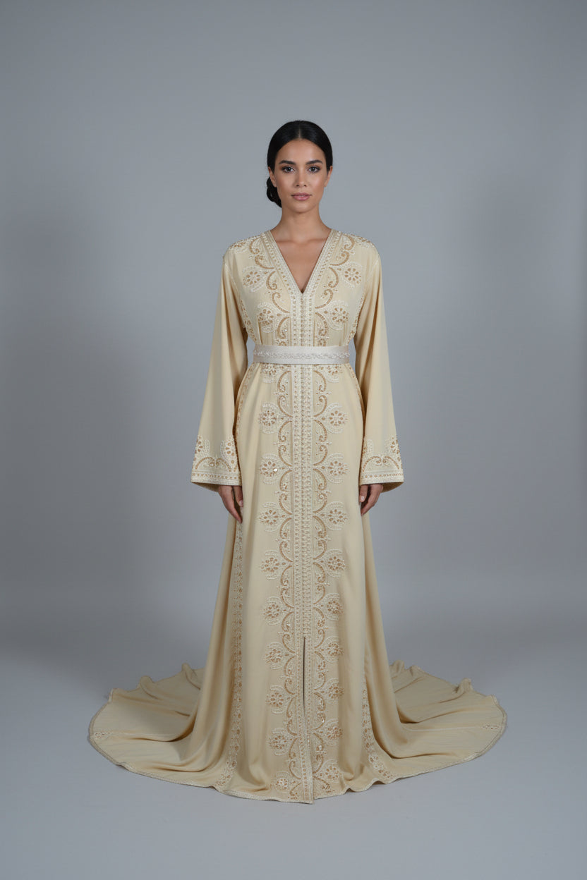 Caftan Perlé Crème – Broderie & Perles Artisanales