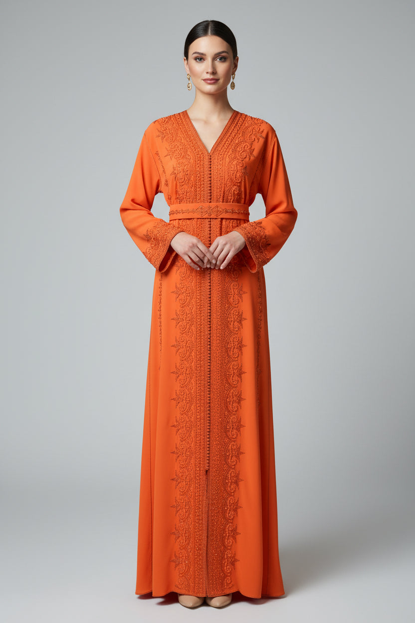 Caftan Orange Perlé – Broderie & Perles Artisanales