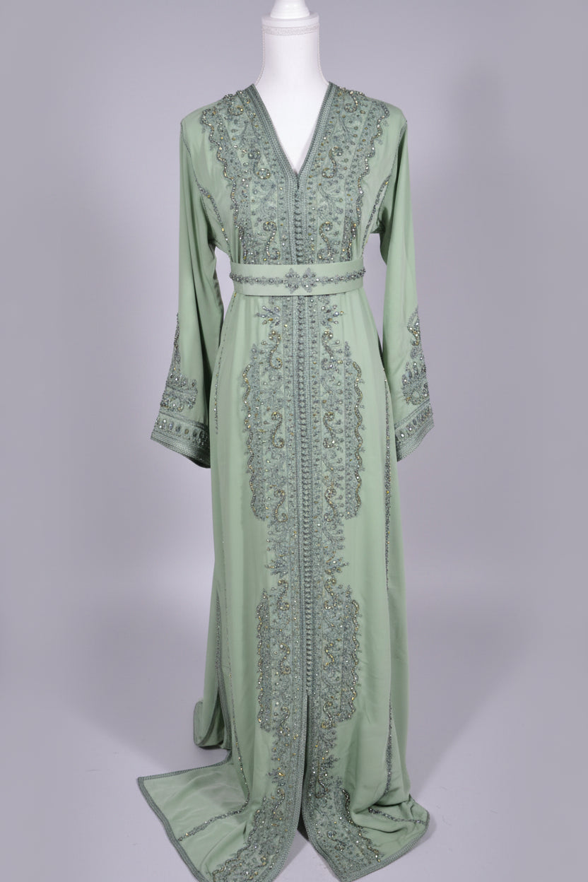 Caftan Perle Vert – Broderie Artisanale