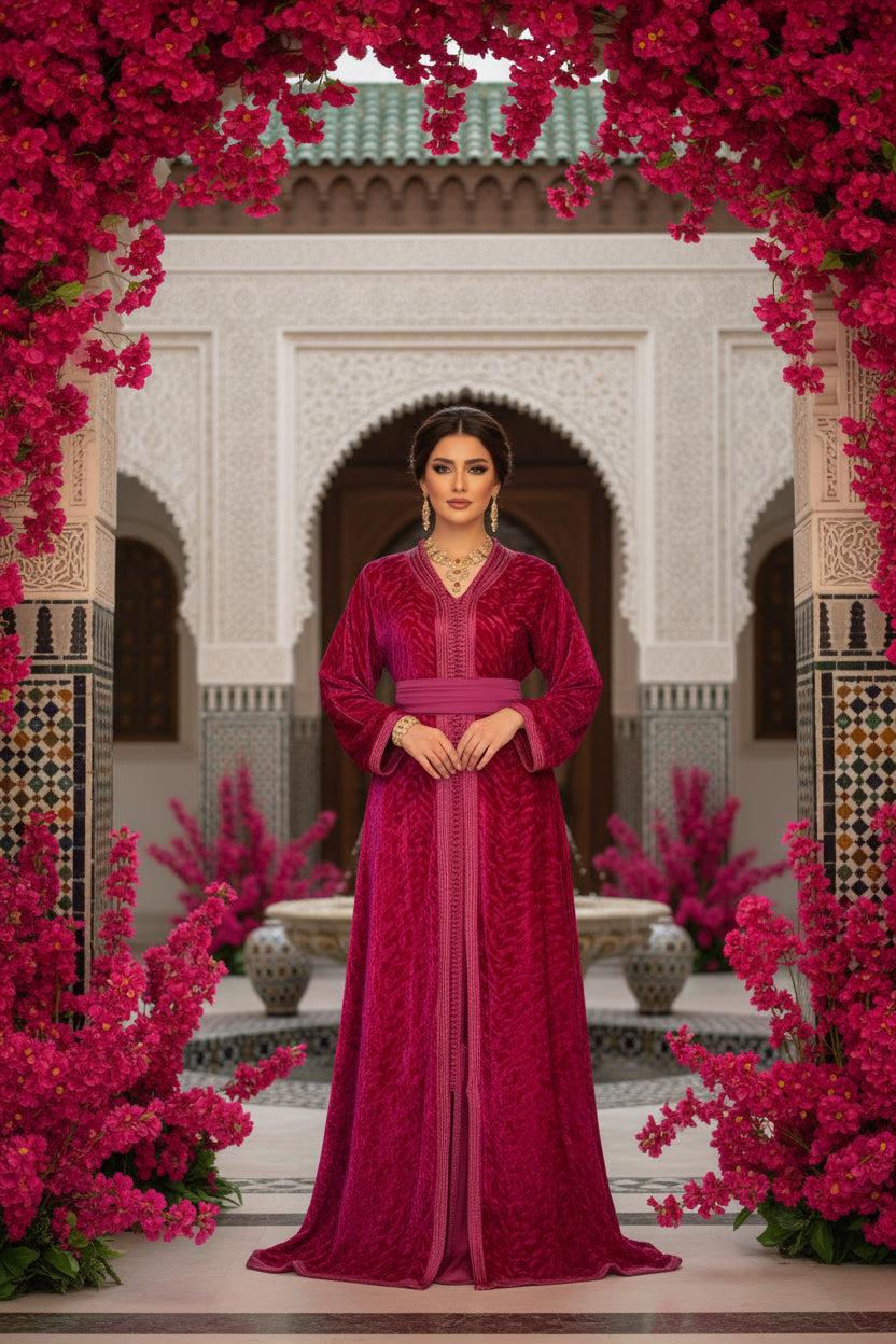 Takchita en Velours Framboise – Élégance Royale