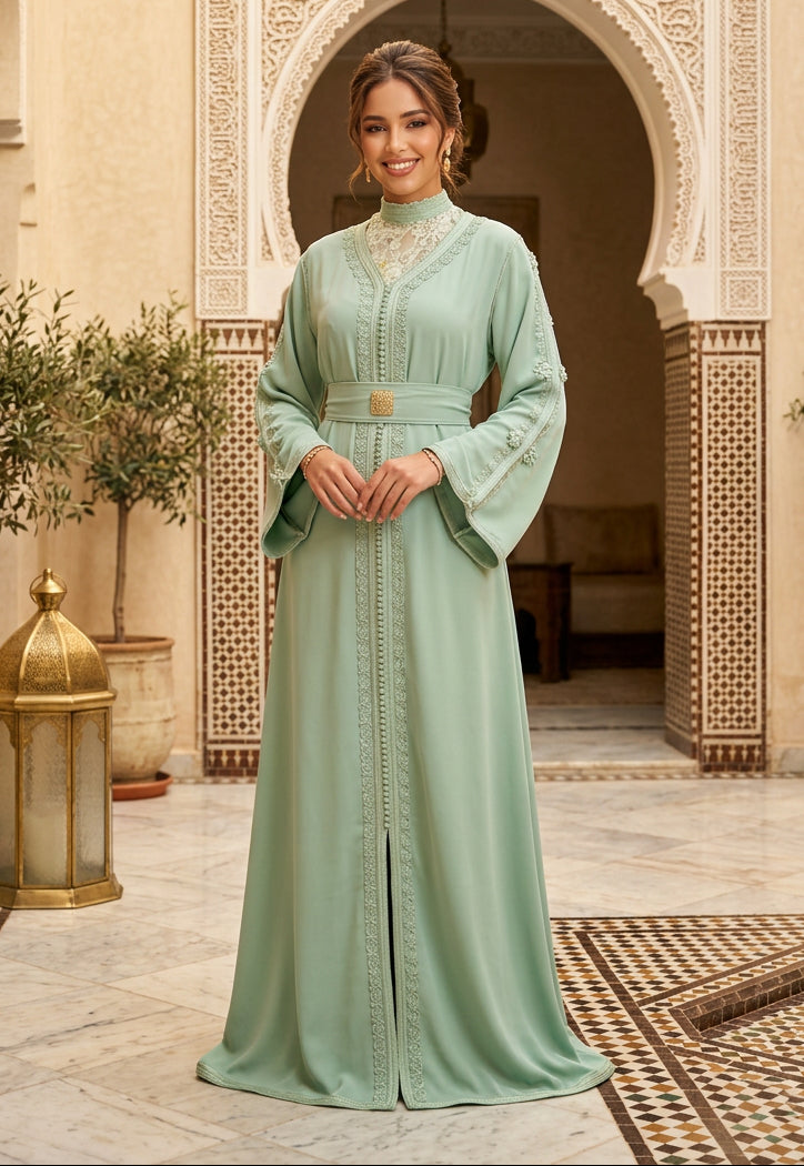 Dentella Caftan vert d’eau Col Montant
