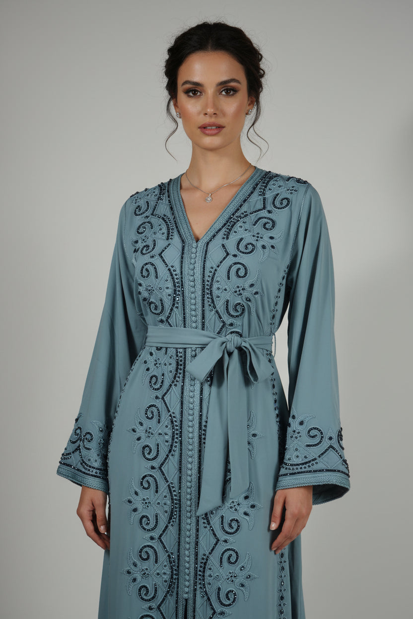 Caftan Bleu Ciel Perlé Bleu Foncé