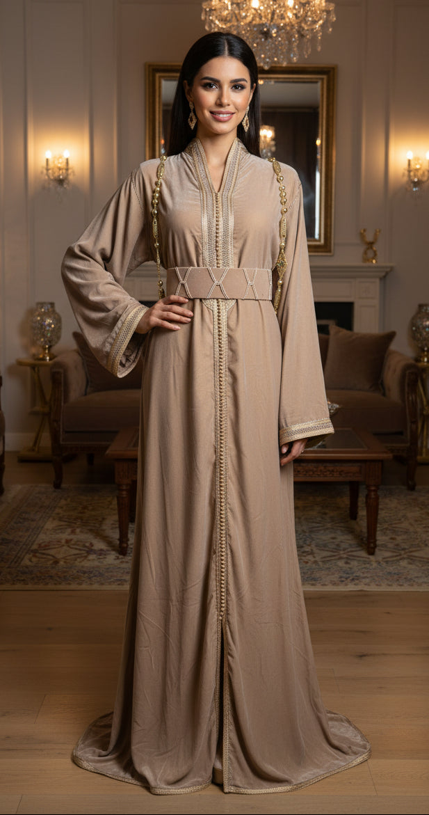 Caftan Col Montant Beige - Velours Prestige