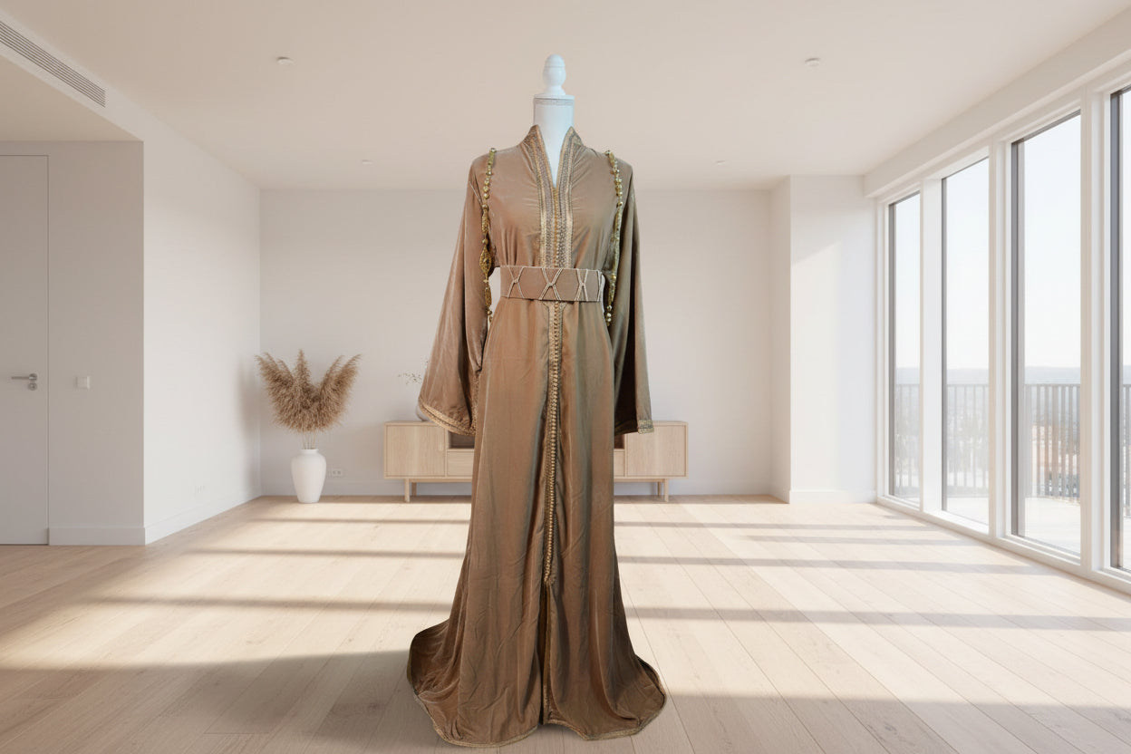 Caftan Col Montant Beige - Velours Prestige