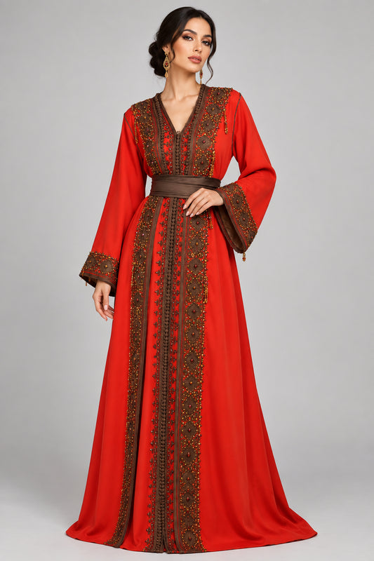 Takchita Fassi rouge aux ornements bruns et dorés