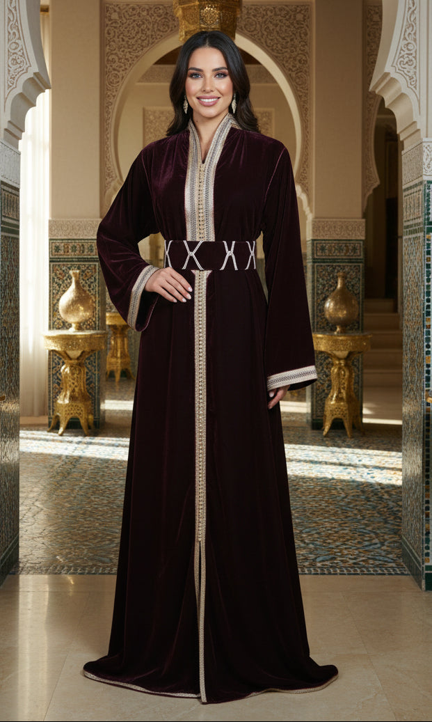 Caftan Col Montant Violet - Velours Prestige