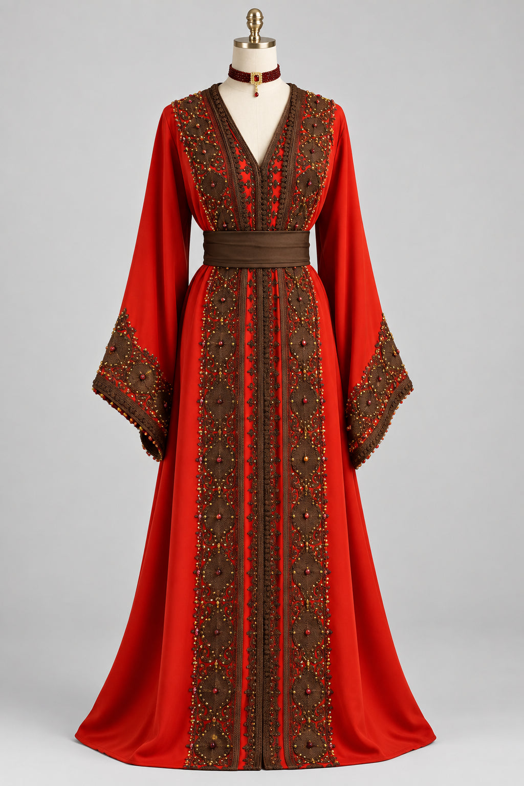 Takchita Fassi rouge aux ornements bruns et dorés