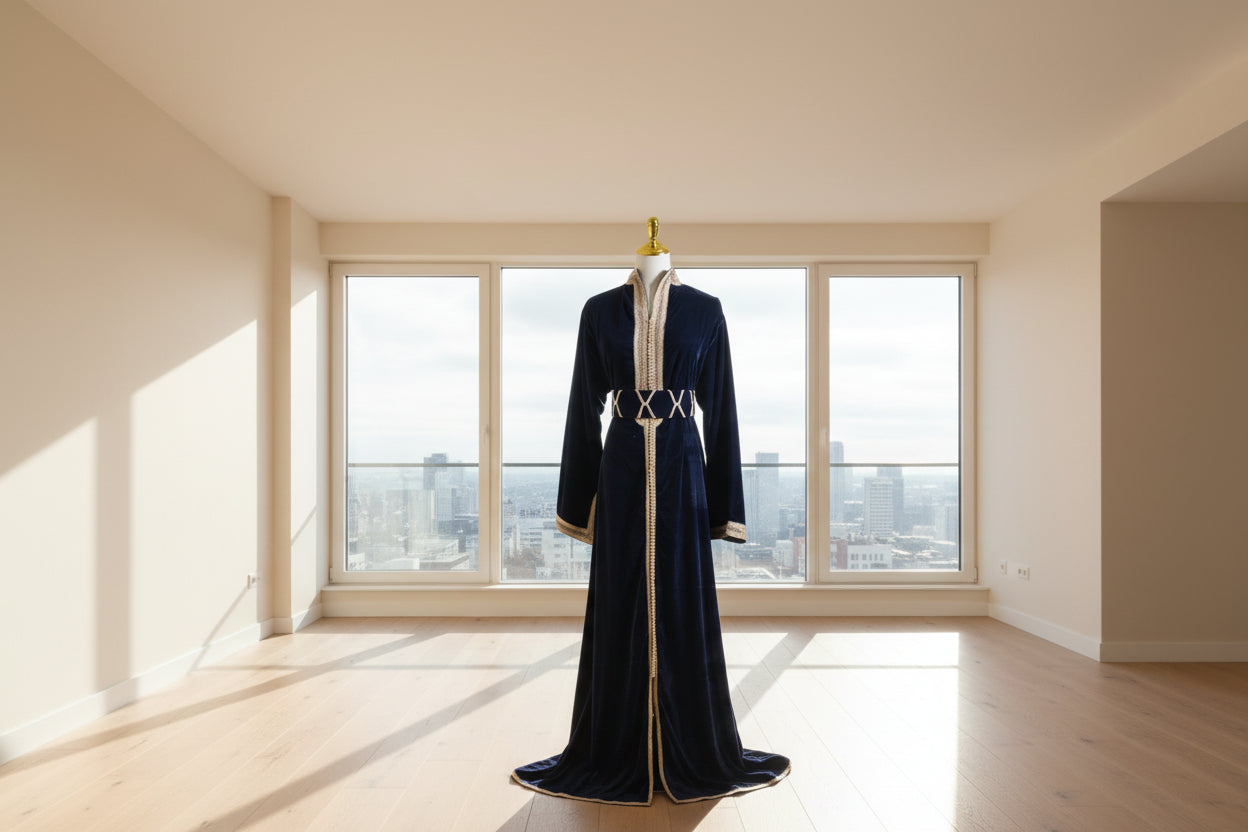 Caftan Col Montant Bleu Nuit - Velours Prestige