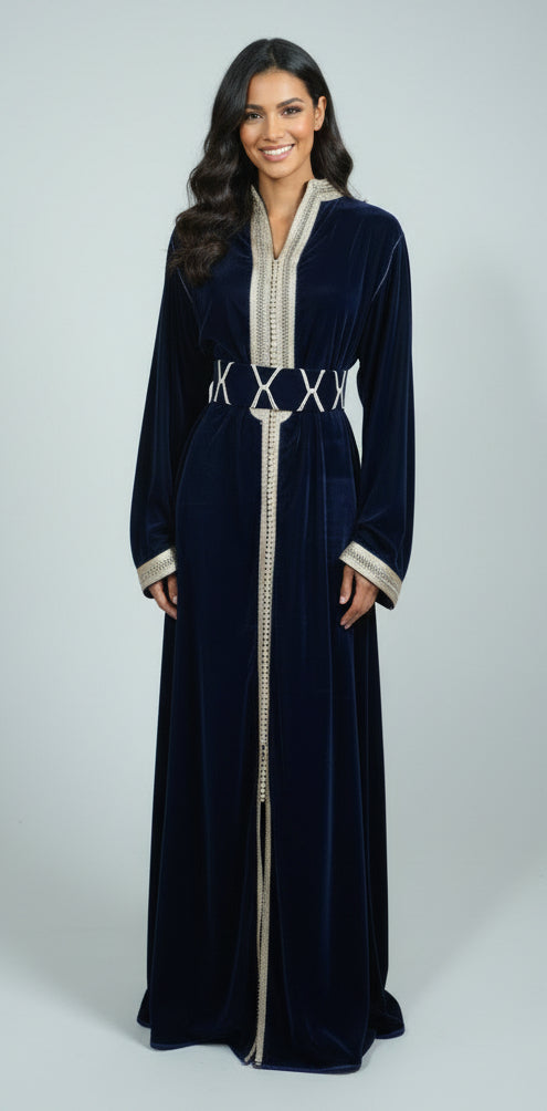 Caftan Col Montant Bleu Nuit - Velours Prestige