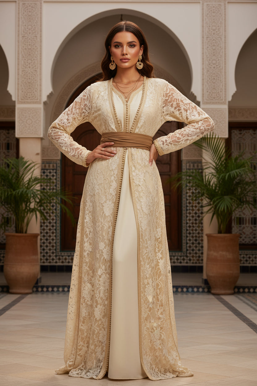 Takchita Doré Élégance Orientale – Dentelle et Ceinture Satinée