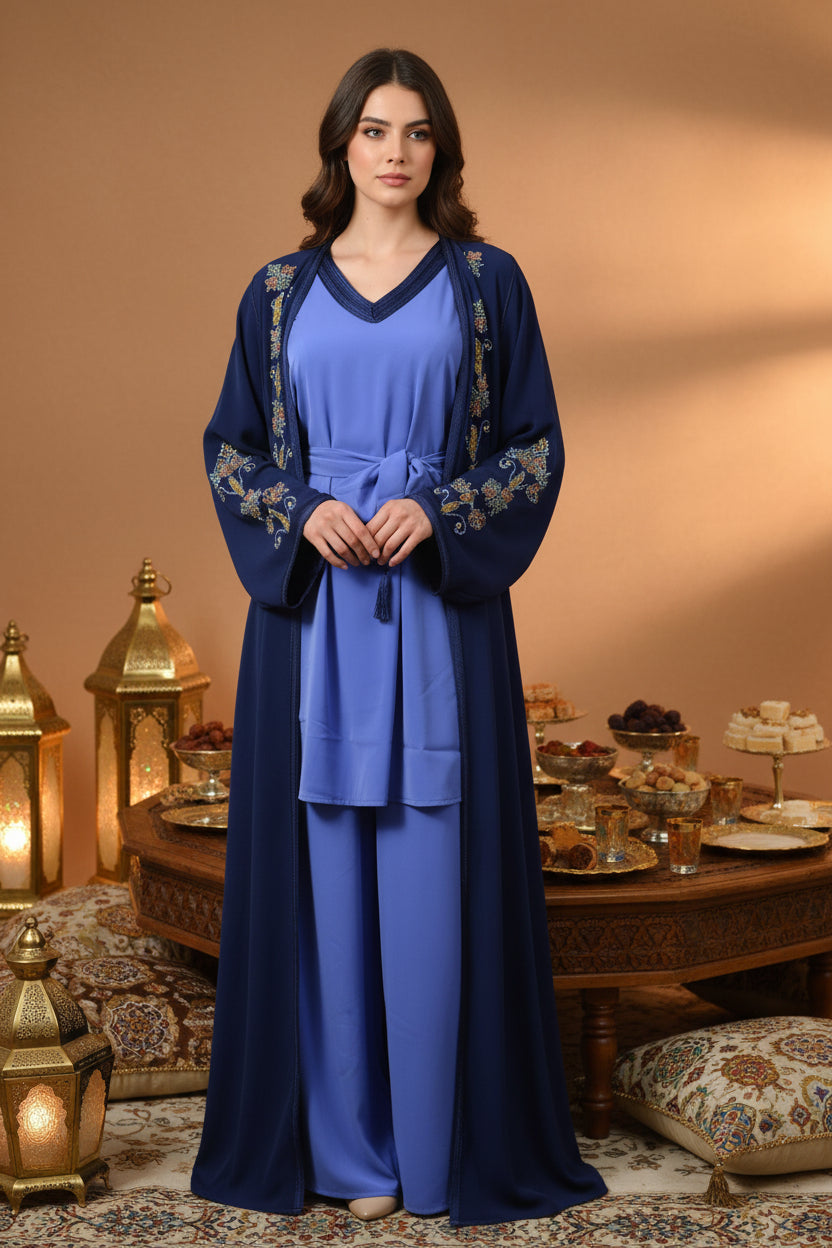 KIMONO CRÊPE PREMIUM 4 PIÈCES BRODÉ PERLÉ - BLEU MARINE