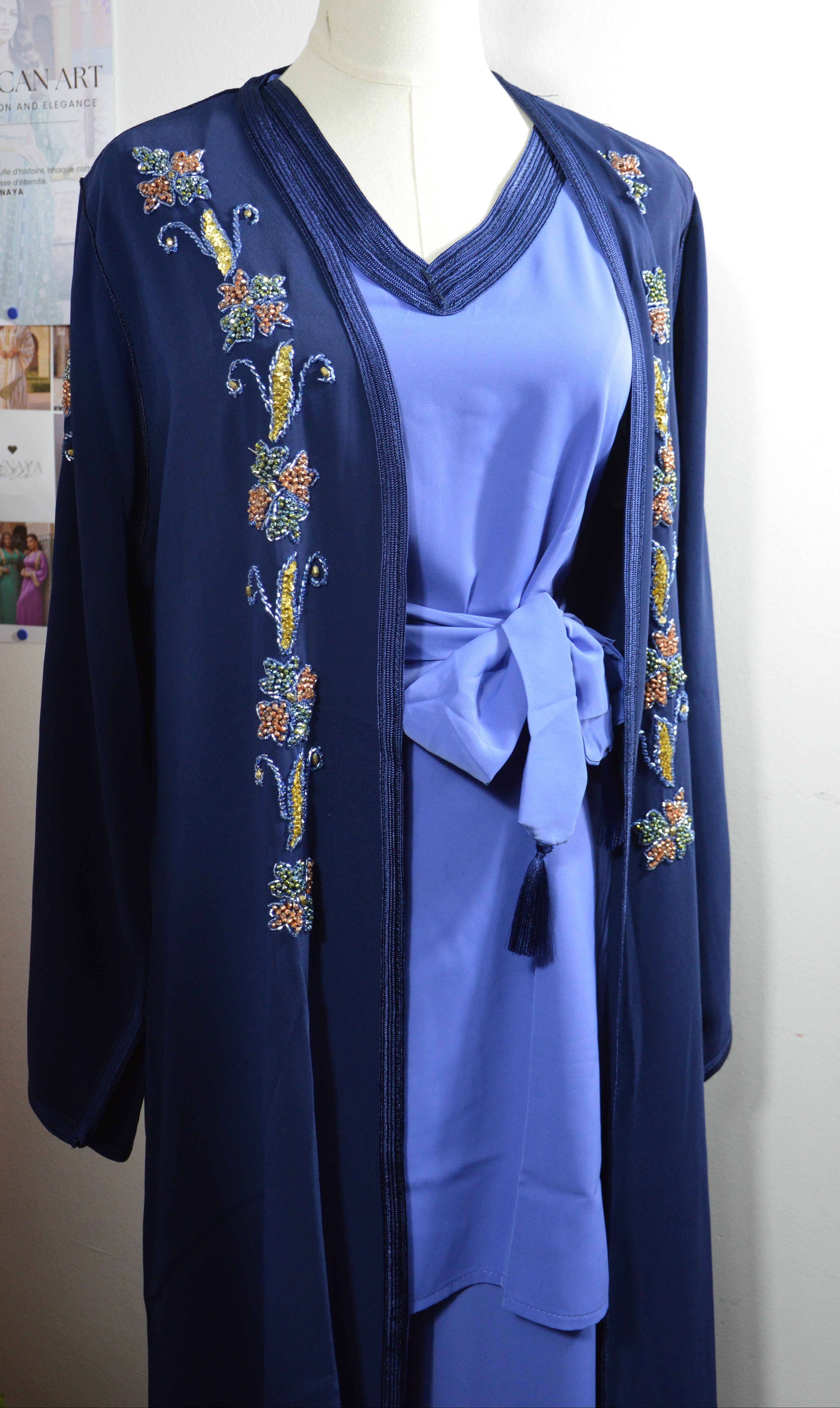 KIMONO CRÊPE PREMIUM 4 PIÈCES BRODÉ PERLÉ - BLEU MARINE