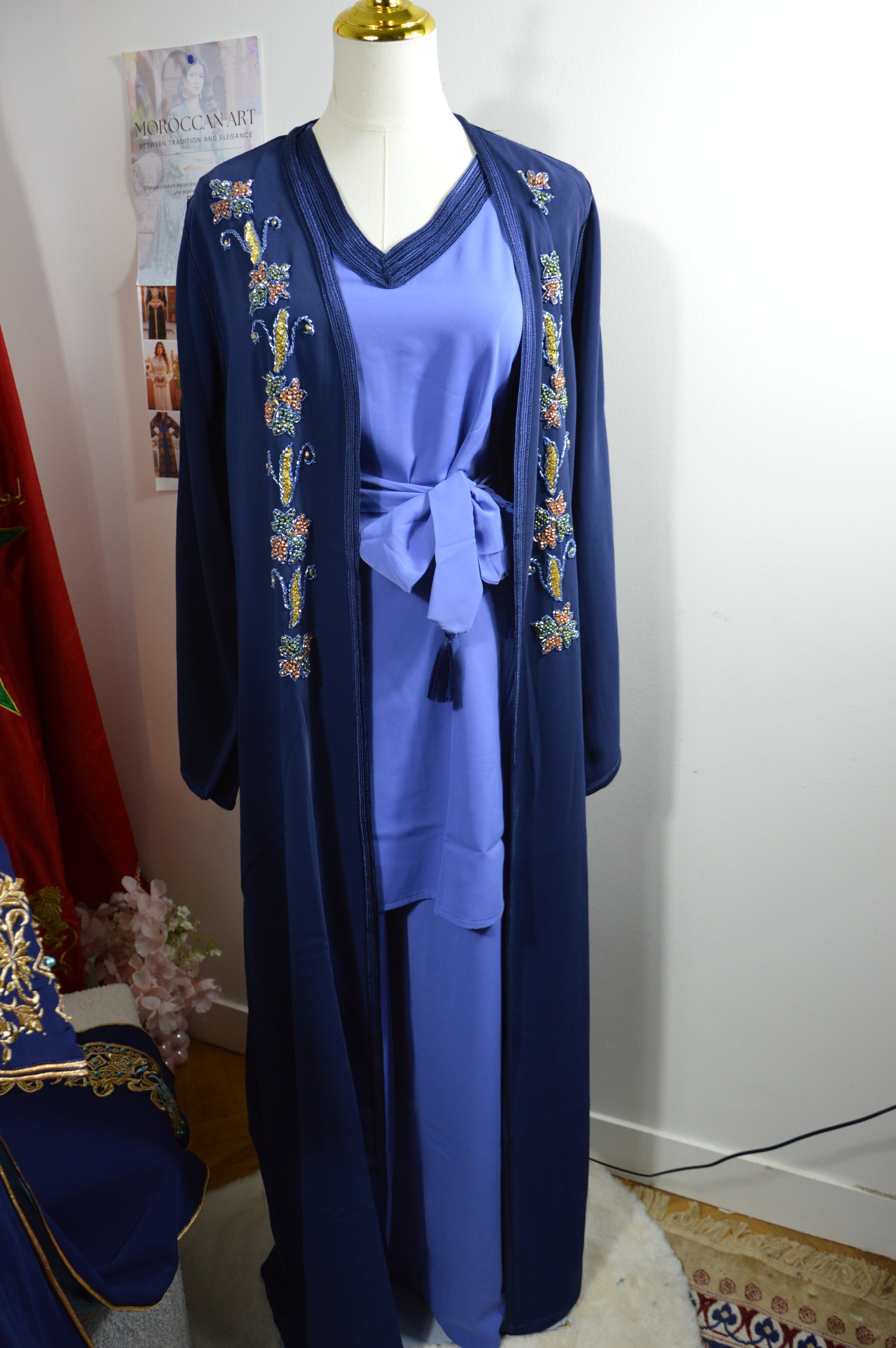 KIMONO CRÊPE PREMIUM 4 PIÈCES BRODÉ PERLÉ - BLEU MARINE