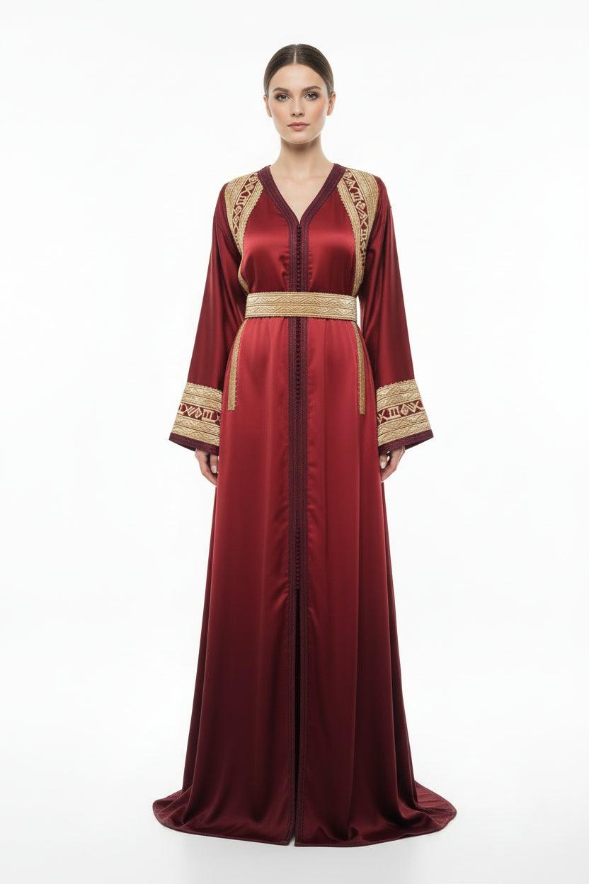 Takchita marocaine rouge bordeaux brodée luxe - vue de face