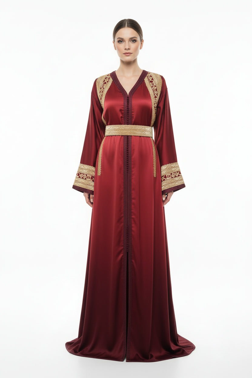 Takchita marocaine rouge bordeaux brodée luxe - vue de face